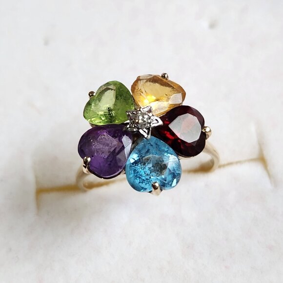 Real 1980's VTG 14K Solid Gold Orig Natural Multi-Gem Diamond 2.65g Sz 7 90s - Picture 2 of 14